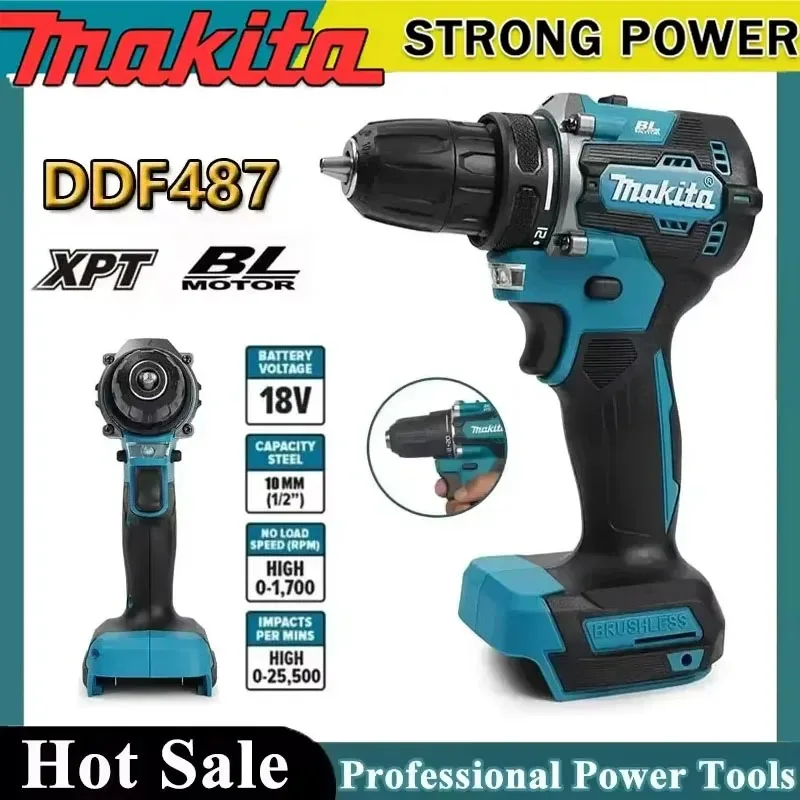 

Бесщеточная электродрель Makita DDF487 18В, подходит для ударной дрели с пятью пальцами для захвата, используется с аккумулятором Makita 18В.
