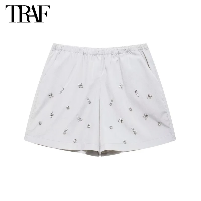 

TRAF Rhinestone Mini Shorts for Women High Waist Bermuda Shorts Woman Summer Casual Women Shorts Streetwear Wide Female Shorts