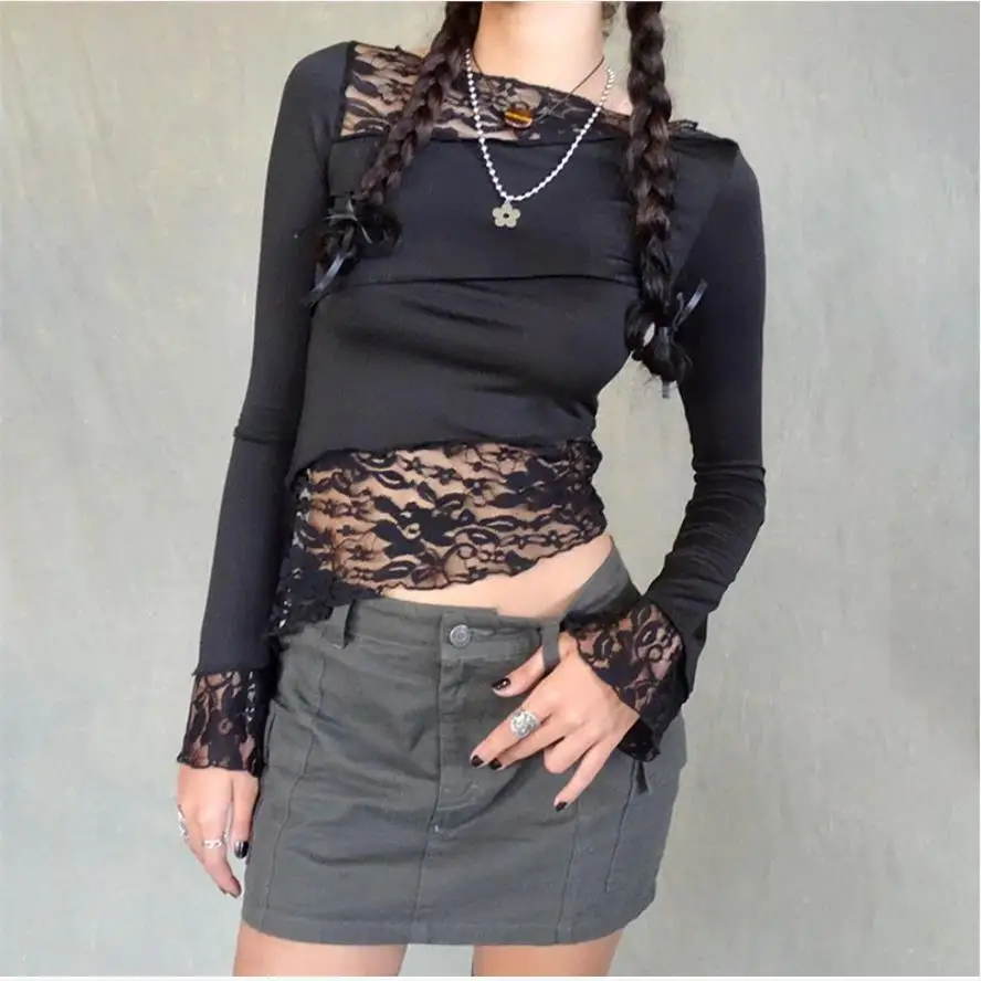 

Сексуальная асимметричная кружевная блузка с длинными рукавами и многослойным узором на крючках, женская, из хлопковой смесовой ткани, не деформируется