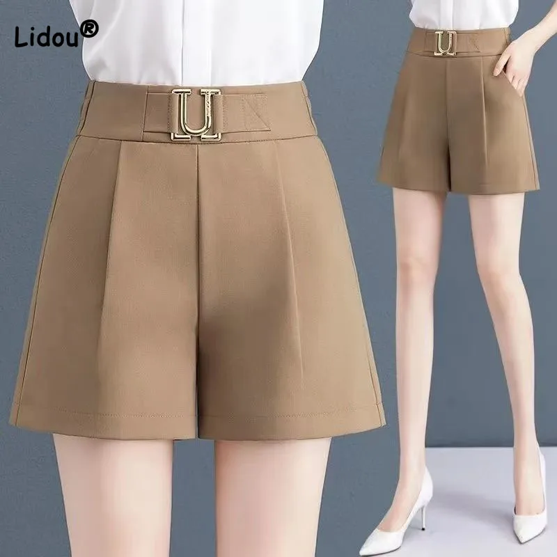 Office Lady Fashion Metal Spliced Shorts Summer New Women's Clothing Elegant All-match Solid Color Elastic High Waist Pants