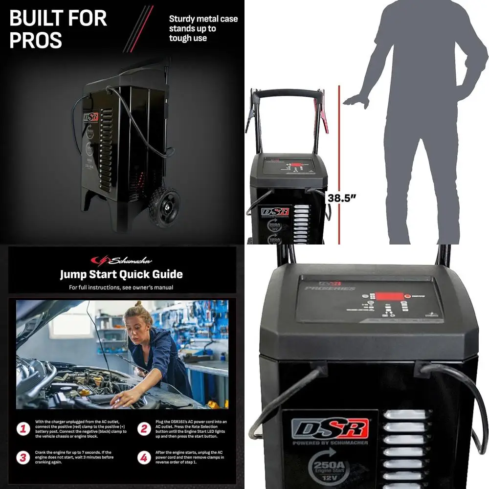 

DSR Pro Series 6V / 12V Wheeled Battery Charger & Engine Starter - Heavy Duty Car Battery Charger & Maintainer - Fully Automatic