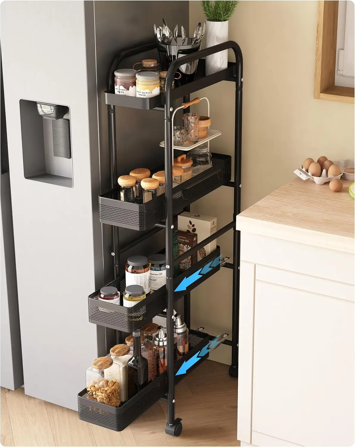 

4-уровневая узкая тележка на колесиках с выдвижными корзинами, компактный органайзер для кухни, ванной и прачечной, черная