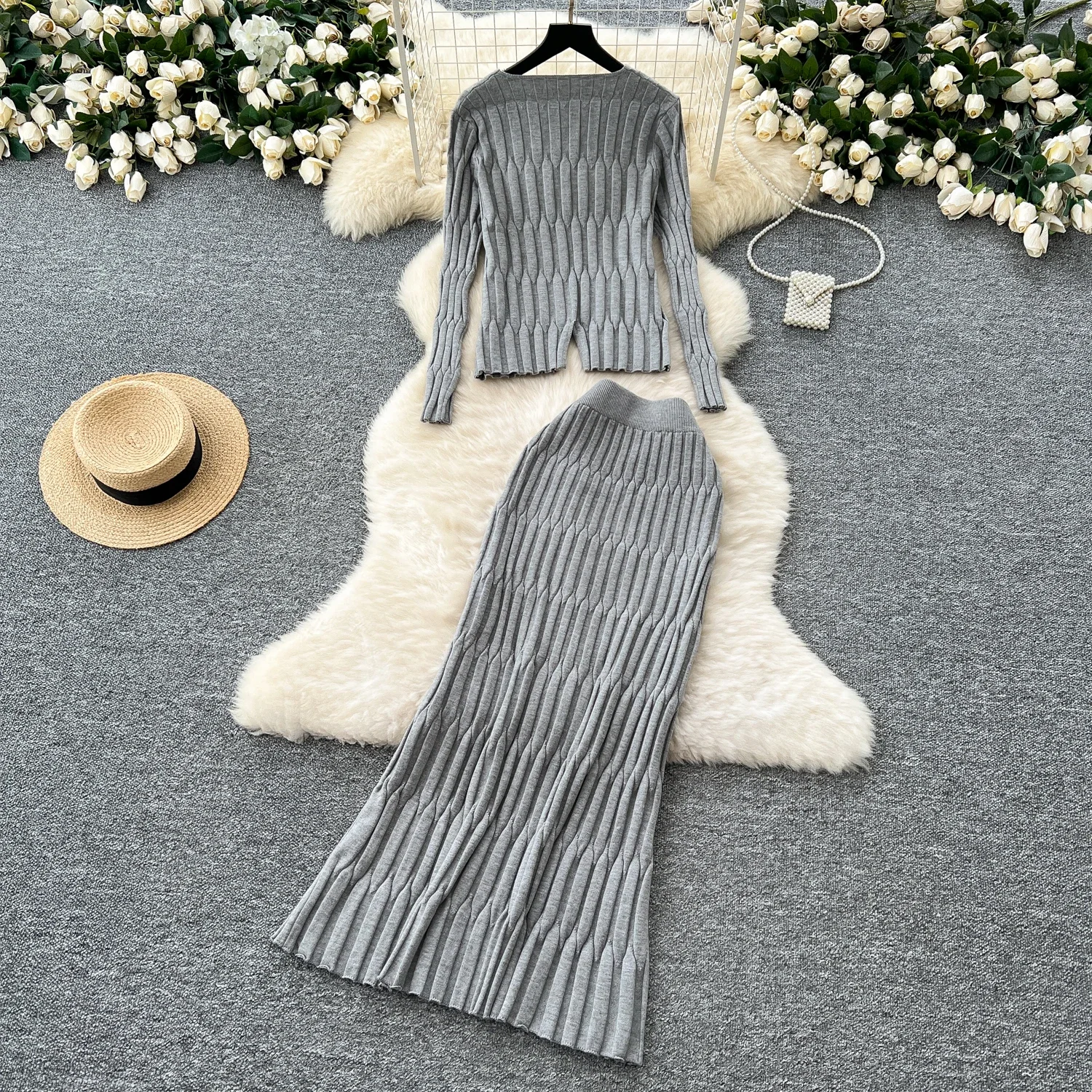 Chic Knitted Women Two-Piece Sets Basics V-neck Split Top and High Waist Skirt French Office High Street Autumn Winter Clothing