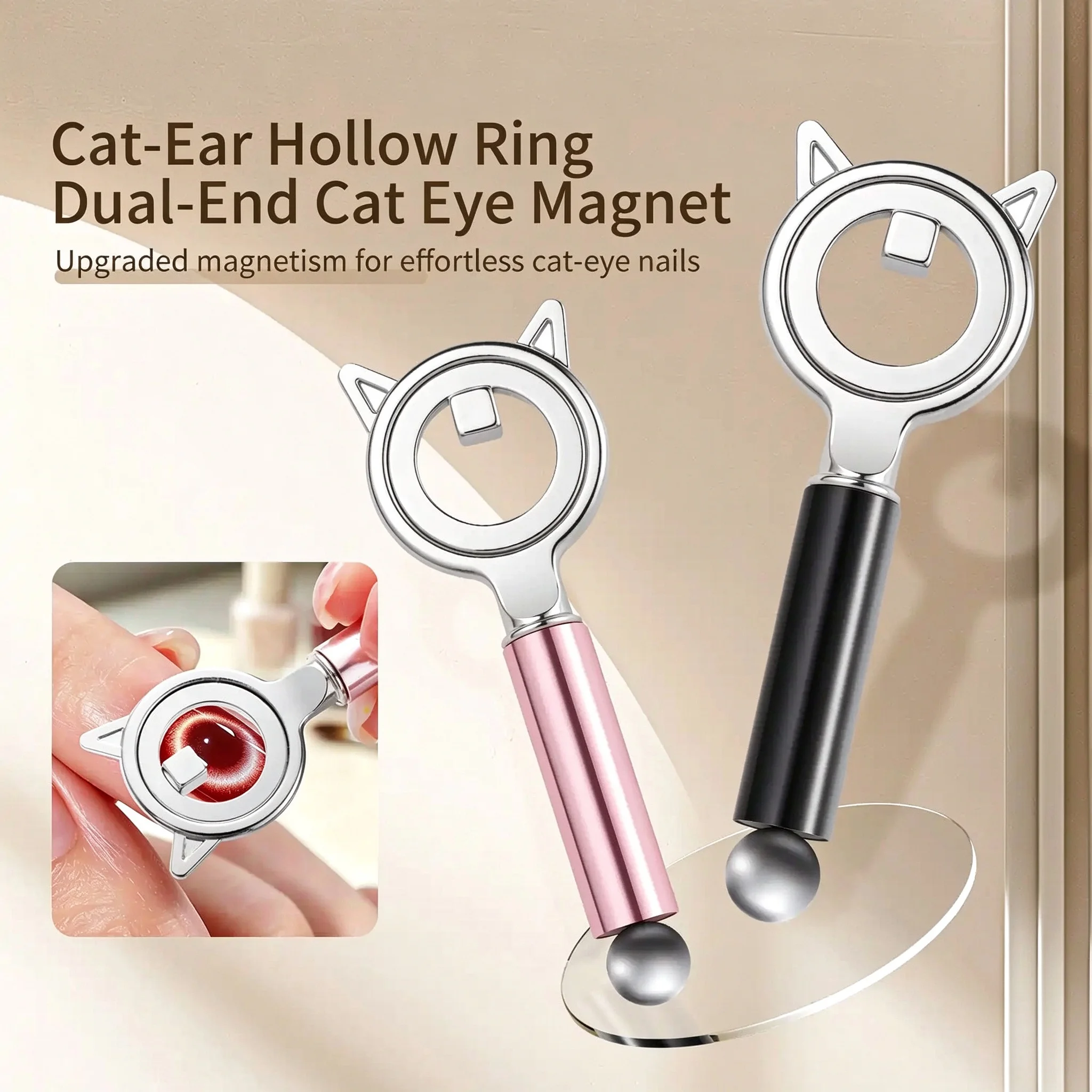 Anel Magnético para Unhas Olho de Gato de Dupla Cabeça, Ferramenta Magnética com Sucção em 3 Segundos, Design de Unhas Olho de Gato com Halo Oco e Ímã de Bola