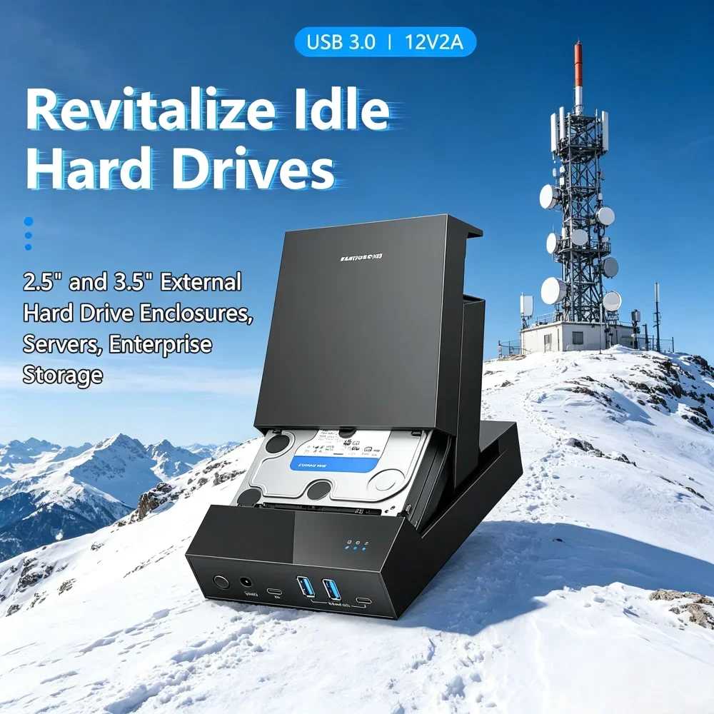 TypeC to SATA Hard Drive Enclosure, 2.5/3.5 Inch HDD & SSD Case with Builtin USB 3.0 Hub, Supports 18TB Large Capacity,12V