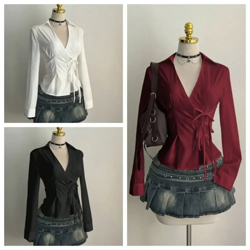 Sweet Long-sleeved Slim Fit Shirt V-neck Y2K Women Tie-Waist Shirt Harajuku Office Aesthetic Blouse Spring Summer
