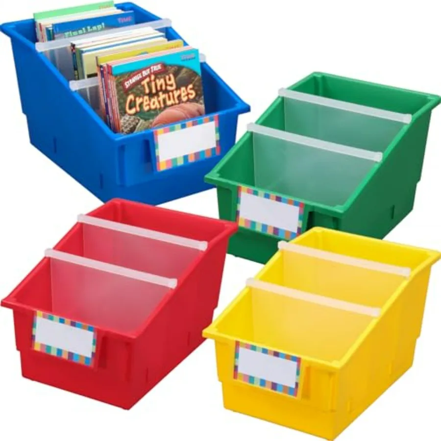 

Chapter Book Classroom Library Bins with Dividers 8.75 x 13.5 x 7.75 4 Pack Rainbow Large Plastic Bin Organizers for Book Organ