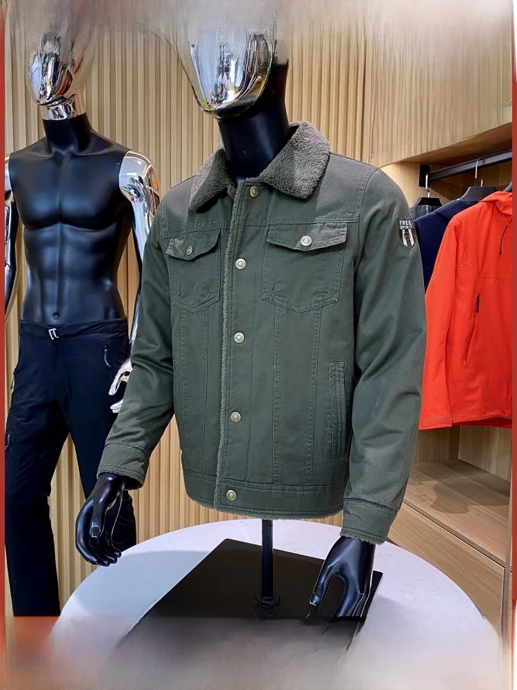 

American Retro Thiened Lamb Velvet Windproof Warm Autumn Winter Outdoor Collar Multi ket Workwear Jaet for Men