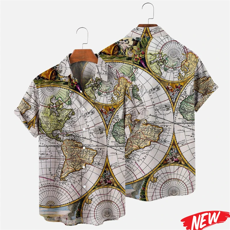 

Retro 3d Printed Map Shirts For Men Women Fashion Vocation Hawaiian Shirt Lapel Short Sleeve Tops Street Casual Oversized Blouse