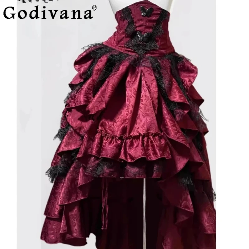 

Темная готическая кружевная элегантная жаккардовая юбка в стиле Лолиты с завязкой на талии, милые крутые юбки с высокой талией для девочек, тяжелая промышленность, нерегулярные юбки