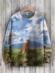 Cute Fox View Art Pattern Print Casual Knit Pullover Sweater Women For Men Sweater