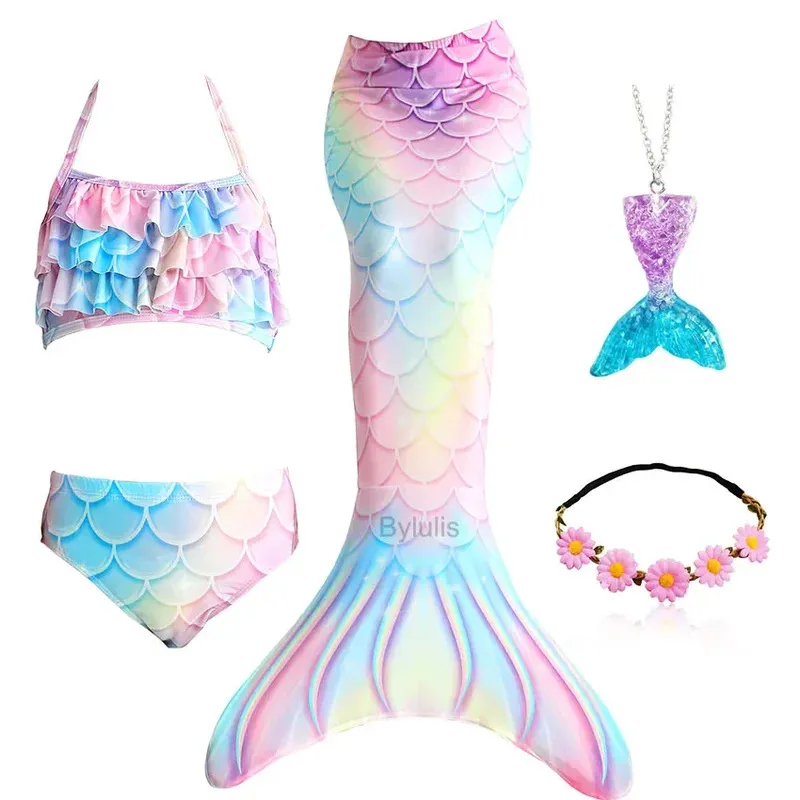 Mermaid Tail Swimsuit Costumes for Girls Swimming Kids Little Mermaid Costume Cosplay Children's Beach Clothes Can Add with Fin