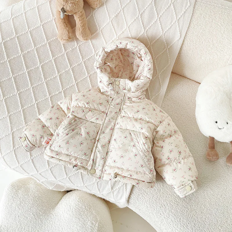 

2025 Winter New Girls' New National Standard 90 White Duck Down Floral Short Hooded Down Jacket