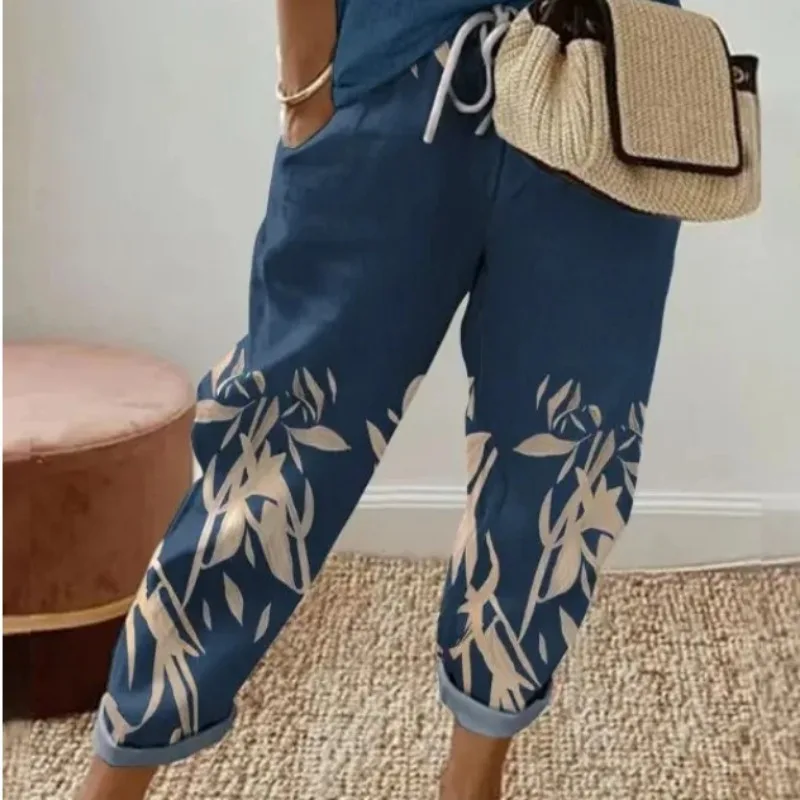 Women\'s Summer Pants Straight Trousers Summer Fashion Printing Pocket Lace Up Casual Elastic Waist Jogger Pants Female Clothes