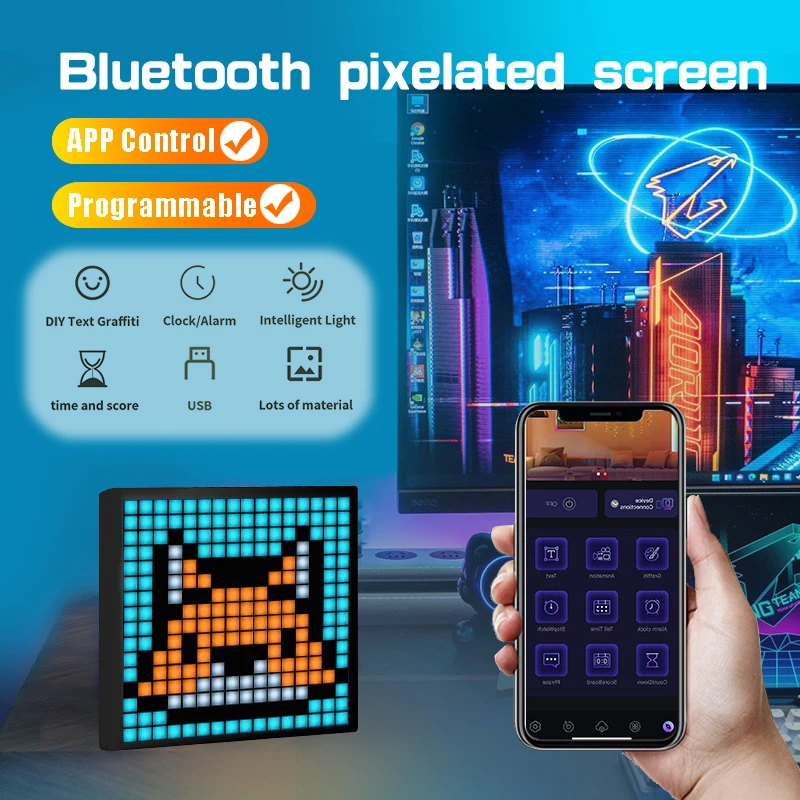 

LED Matrix Pixel Screen Lamp App Control Programmable Night Light RGB DIY Text Pattern Animation Art Display Gaming Room Decor