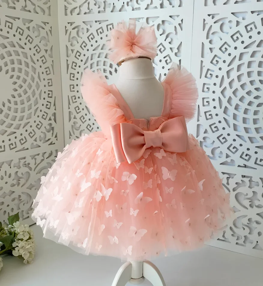 

Lovely Pink Kids Princess Dress Big Bow Handmade Butterflies Children Baptism Party Dresses Baby Birthday Vestidos