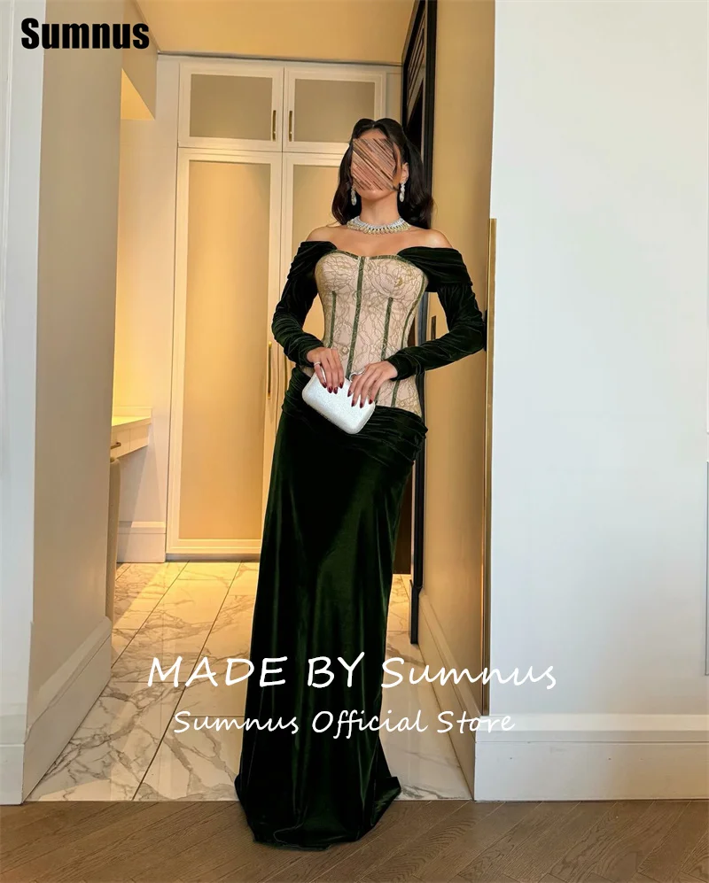 Eleganckie suknie balowe Sumnus w stylu syreny, zielony aksamit, koronka, odkryte ramiona, długie rękawy, suknie wieczorowe فساتين سهرات, szyte na miarę