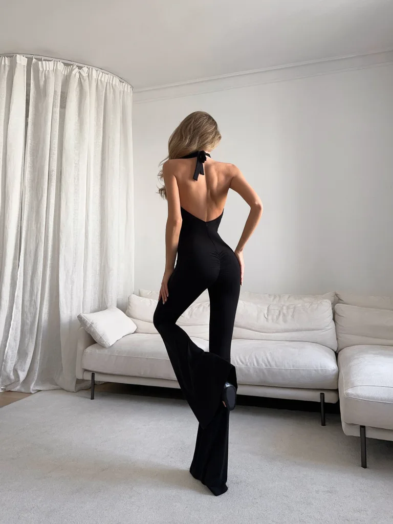 Women's sexy Pure-Color Cross-Neckline Off-Shoulder Slim-Fitting Flared One-Piece Pants
