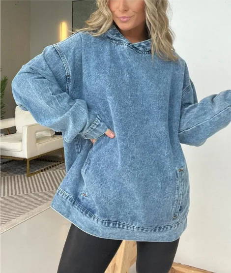 Sweat-shirt en Denim à capuche pour femmes, couleur unie, Texture naturelle, coupe ample décontractée avec poches, haut à manches longues, nouvelle collection automne
