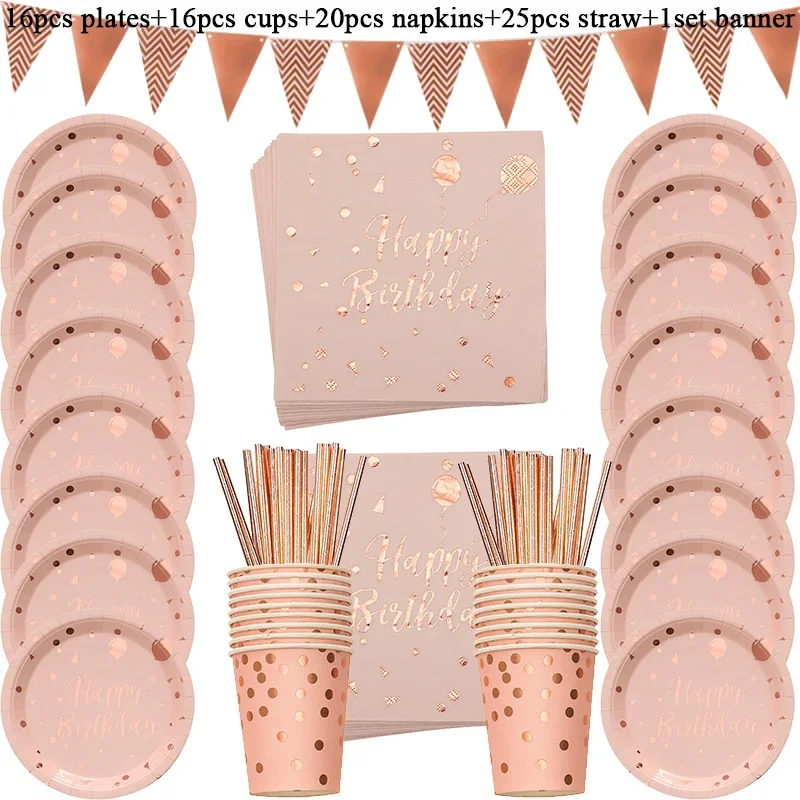 Rose Gold Birthday Decorations Disposable Tableware Set - Perfect for Adult Birthday Party, Wedding, Baby Shower - Elegant Paper