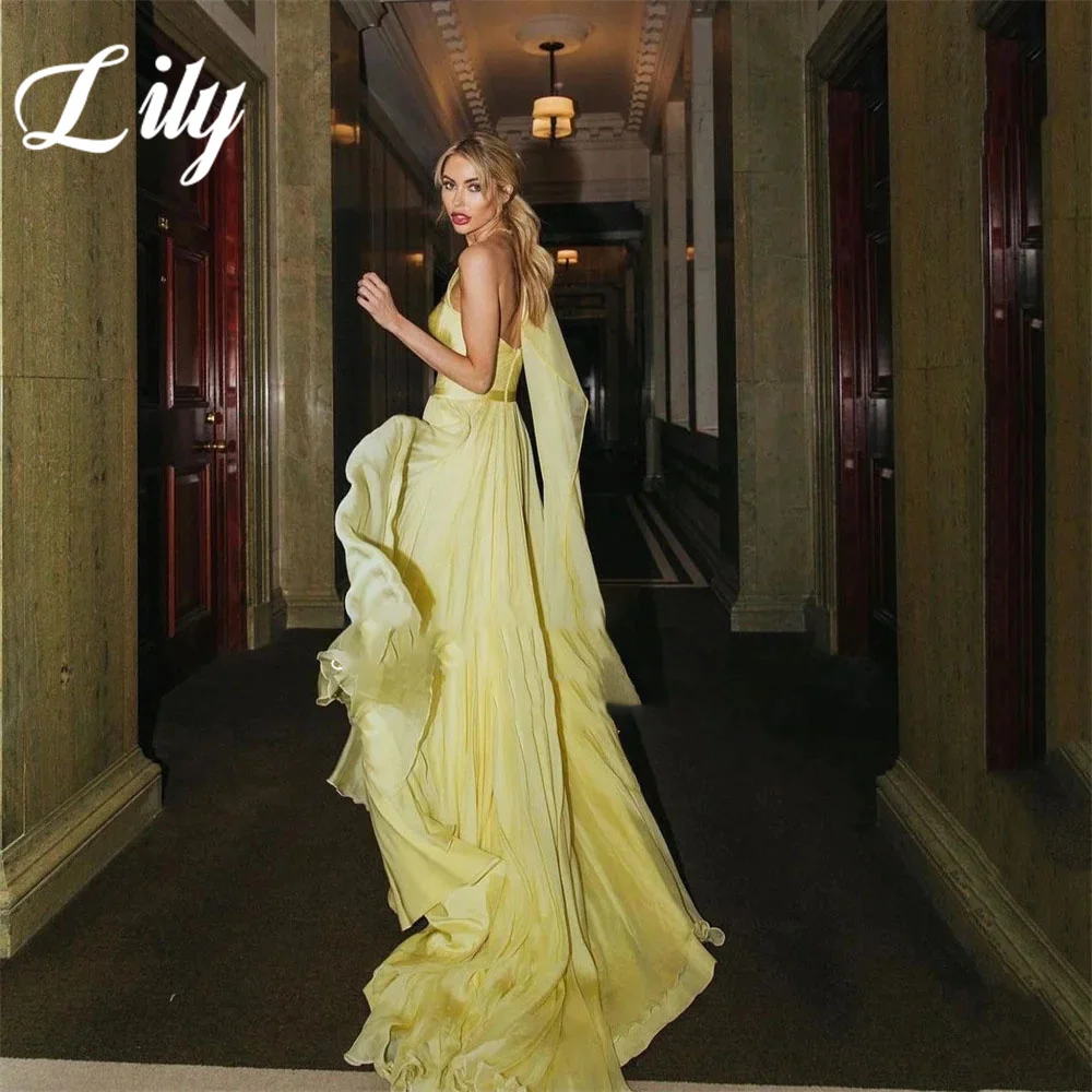 Lily Yellow Prom Dress One Shoulder Sleeveless Evening Dress Pleats Satin Party Dress Sexy Side High Slit A-Line Robe De Soirée