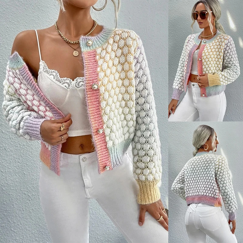 

Женский элегантный модный шерстяной свитер с открытой передней частью, клетчатая куртка с круглым вырезом в стиле макарон, стильный трикотаж для женщин