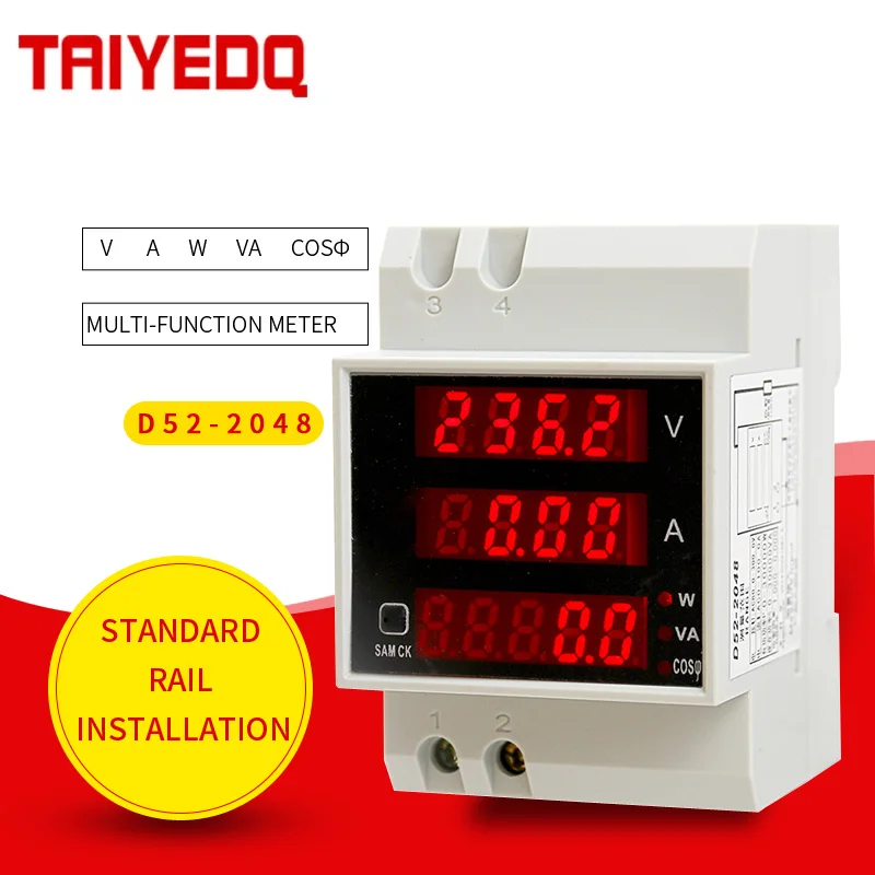 D52-2048 Din Rail LED Digital Voltmeter Ammeter Current Meter Active Power Factor AC80-300V Multifunction Meter 100A