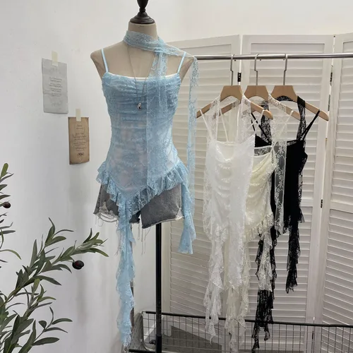 Camisola con cinta con volantes irregulares y empalme de encaje para mujer, Top Sexy sin mangas con espalda descubierta y un hombro, ropa de calle Partyclub1218