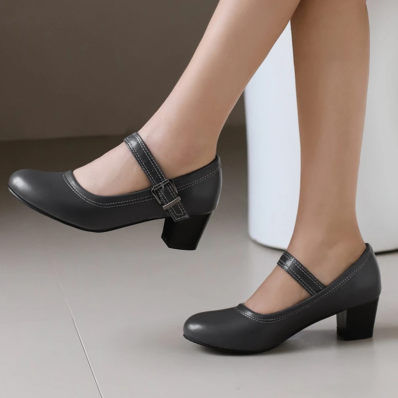 REAVE CAT Women Pumps Round Toe Block Heels 5cm Buckle Strap 46 47 48 Classic Female Daily Janes Shoes