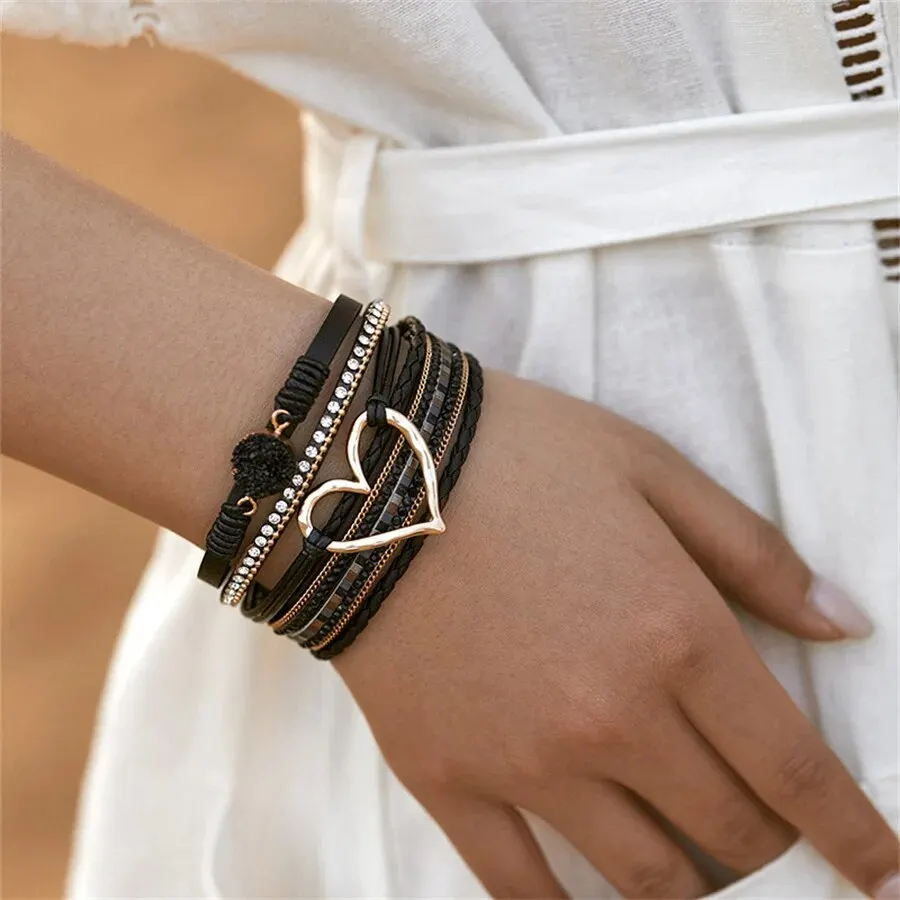 New Metal Love Heart Charm Leather Bracelets for Women Fashion Bohemian Rhinestone Resin Wrap Bracelet Bangle Couple Jewelry image 3