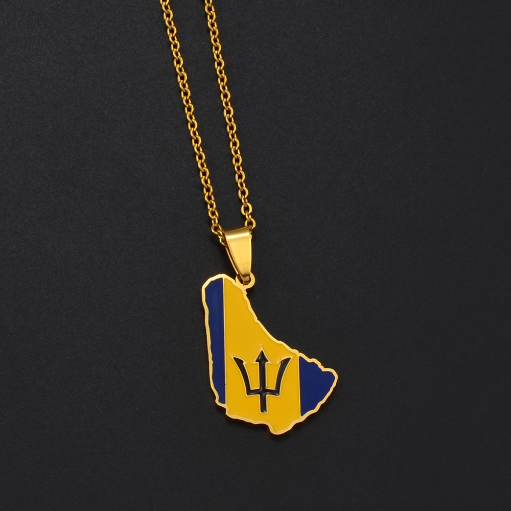 Anniyo 3.1cm Barbados Map Flag Pendant Necklaces Barbados Maps Caribbean Sea Jewelry Stainless Steel Material @098321B