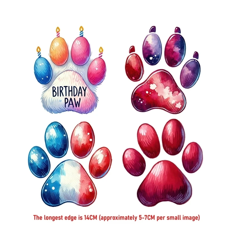 14CM Colorful Bear Paw Set Iron On Heat Transfer Sticker For Clothes DTF Pinted Vinyl Thermal Appliques Washable T-Shirt Decal