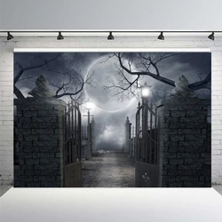 Halloween Night Door Photography Backdrop Grey Full Moon Iron Gate Ghost House Horror Cemetery Birthday Party Decor Background