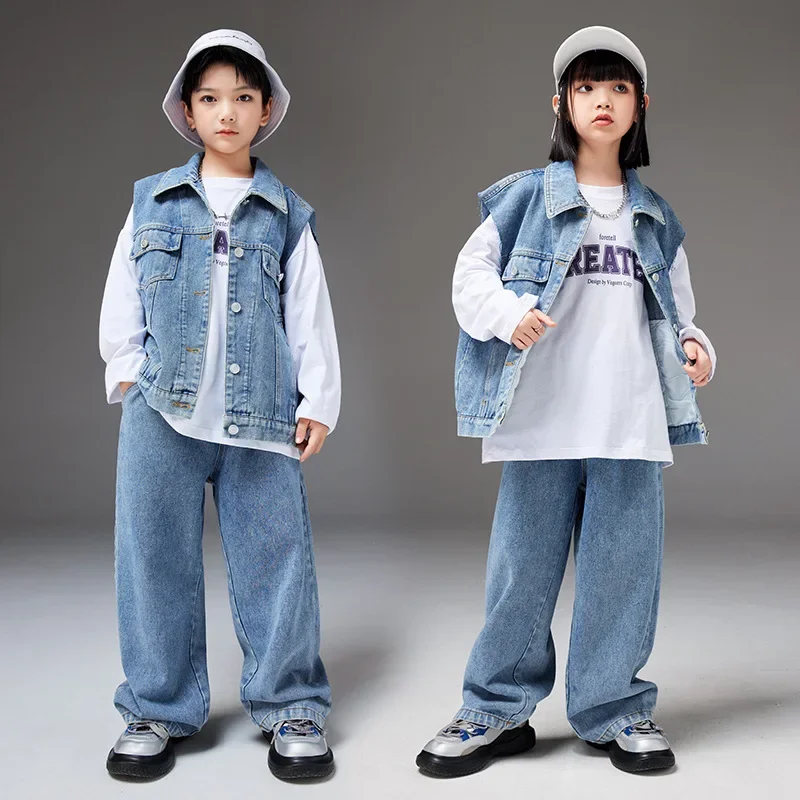 

Kids Hip Hop Clothes Sets Denim Waistcoat + Letter T-shirt + Jeans Teen Boys Street Dance Costumes Girls Jazz Performance Suit