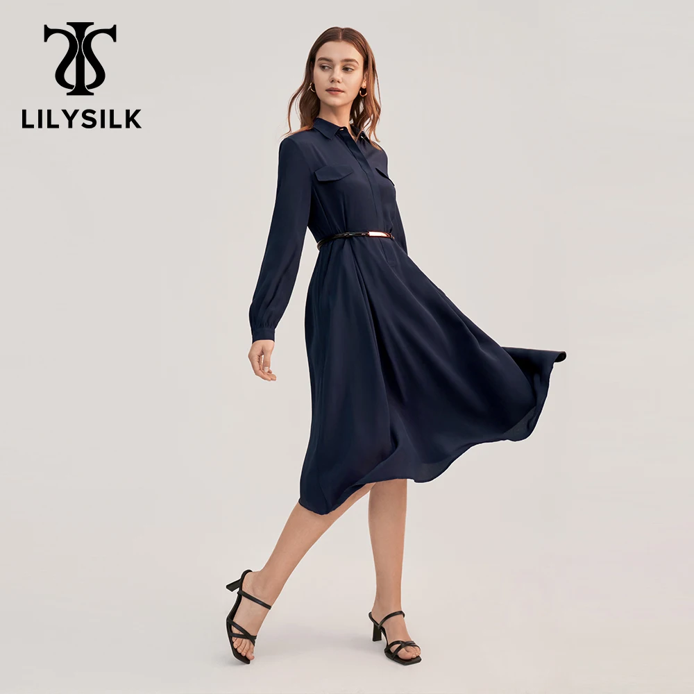 LILYSILK Spring Women Mid Silk Dress 2022 FemmeTurn Down Collar Pocket Design Retro Robe Office Ladies Clothing Free Shipping