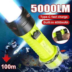 Super Bright 5000LM Scuba Diving Flashlight Rechargeable Built-in Battery Diving Torch XHP50 Professional Underwater 100M Torch