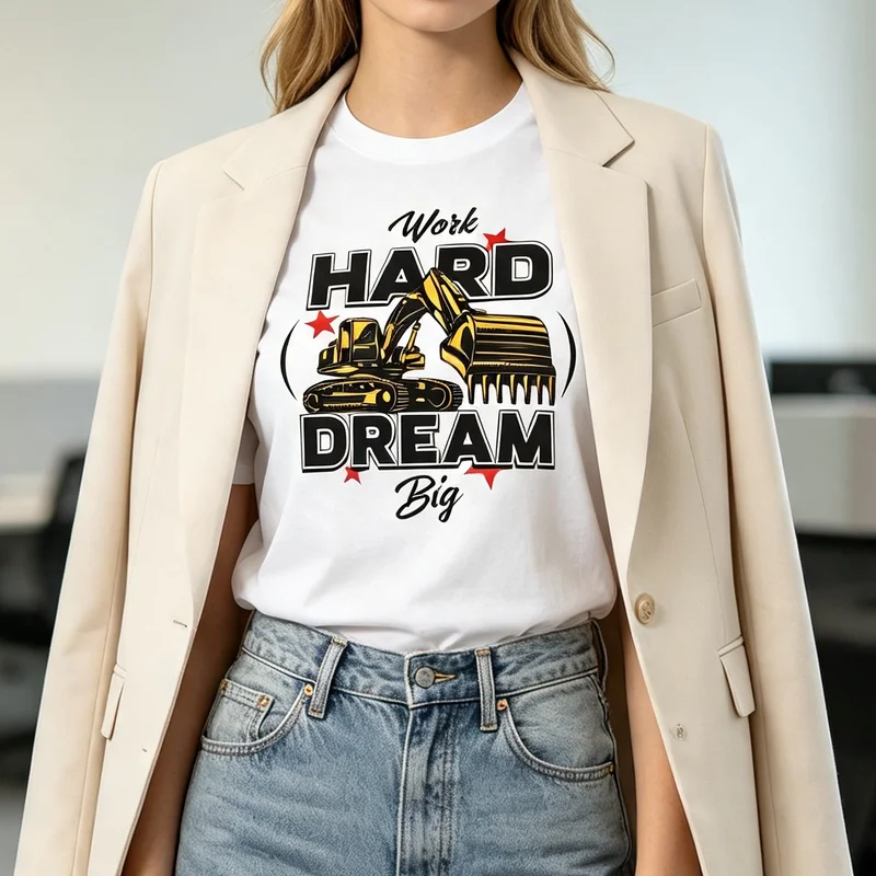 Work Hard Dream Big Construction Truck Motivational Quote T Shirt Graphic Tee Casual Streetwear for Men Women 100% Cotton Top