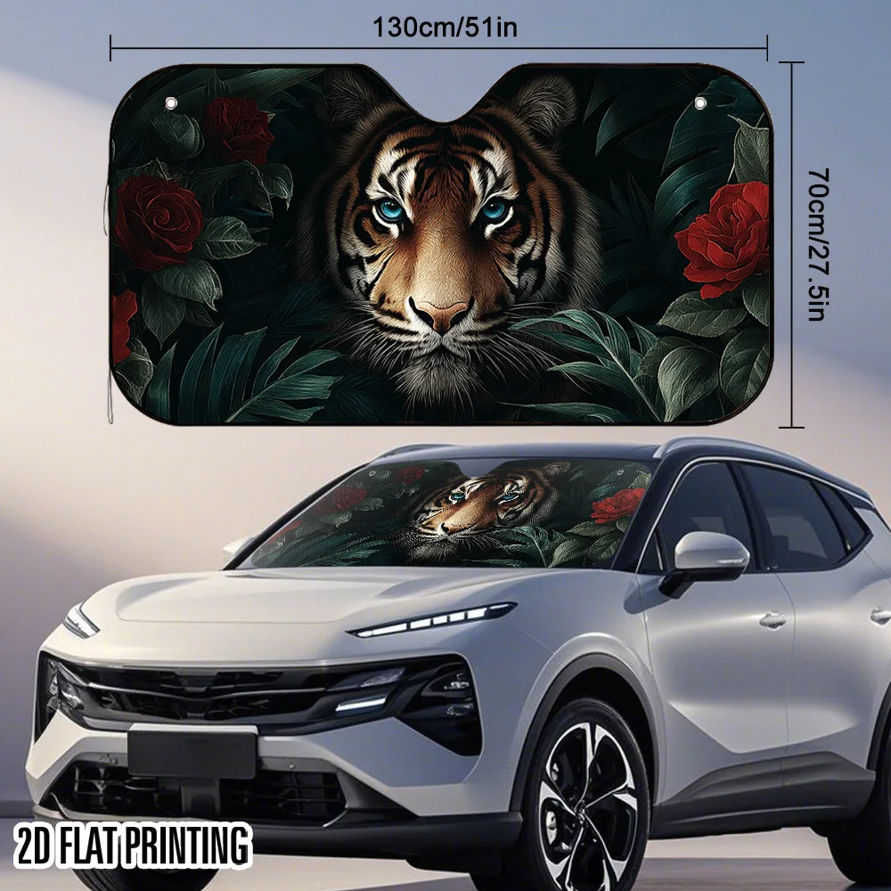 1pc Tiger & Red Rose Print Car Sunshade - Foldable Fit With 4 Suction Cups, Heat-Resistant Car Interior Protector, Stylish Gift