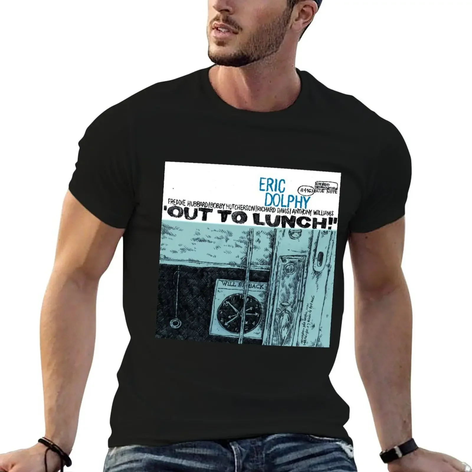 Eric Dolphy′s Out to Lunch! album cover redrawn by Maximiliano Lopez Barrios T-Shirt Clothing mens big and tall t shirts