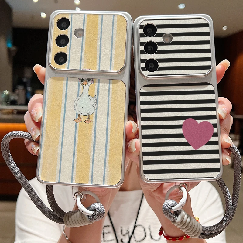 Stripe Print Leather Texture Phone Case For Samsung Galaxy A57 A37 A27 A56 A36 A17 A16 A15 A55 A26 5G Lanyard Soft TPU Cover