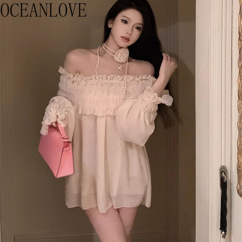 

OCEANLOVE Chiffon Blouses Slash Neck Ruffles Solid Spring Autumn Long Sleeve Women Shirts Korean Fashion Elegant Blusas Mujer
