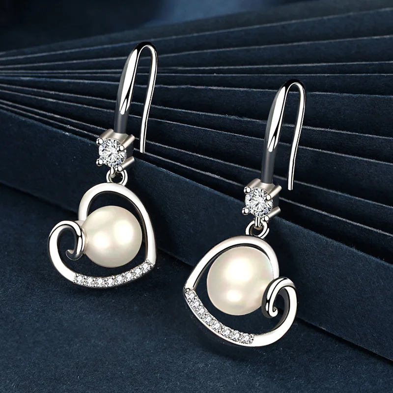 New Fashion Female Earrings 925 Sterling Silver Heart Shaped Pearl Earrings for Women Infinity Accessories Ear Jewelry Gift