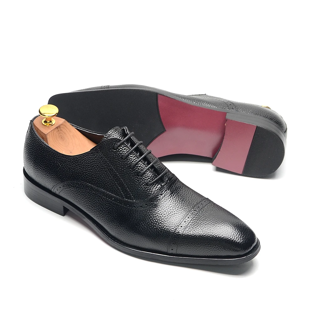 Zapatos de vestir de cuero genuino hechos a mano para hombre, calzado Formal con cordones negros, punta de casquillo, Oxfords, negocios, oficina, boda