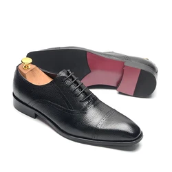 Elegant Handmade Genuine Leather Men's Dress Shoes Black Lace-up Cap Toe Oxfords Business Office Wedding Formal Shoe for Man