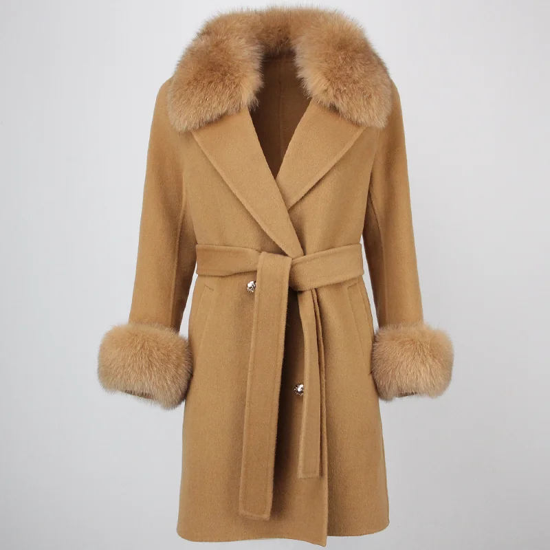 MENHR BONITA-Manteau en Laine Naturelle pour Femme, Streetwear, Double Boutonnage, Ceinture, Mélange de Cachemire, group Fourrure, Veste d'Hiver, Nouveau, 2023