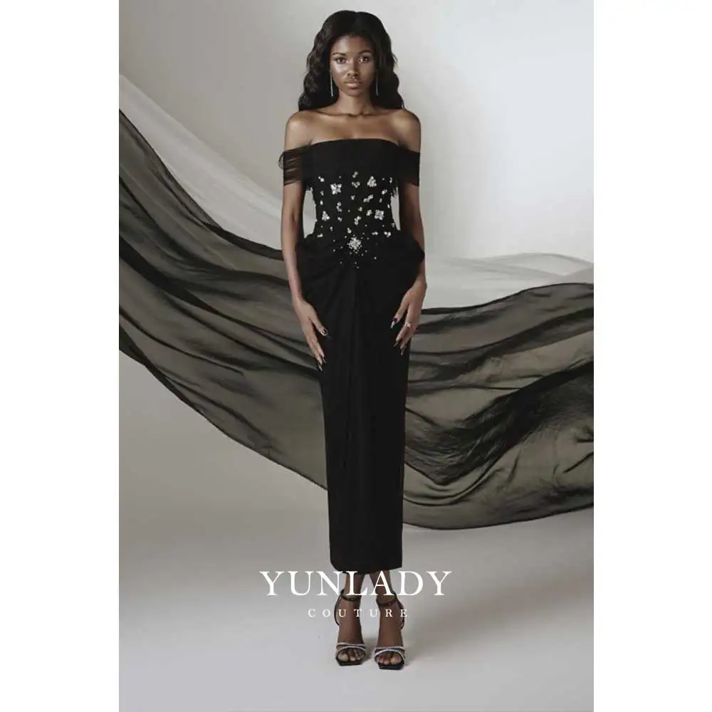 YUNLAN Luxury Black Tulle Off Shoulder Birthday Party Evening Dress 2024 Dubai Wedding Ball Guest Ankle Length Rhinestone Dress