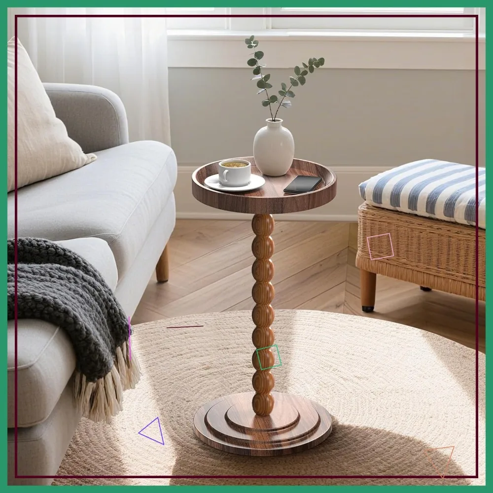 

Solid Wood Round Side Table with Raised Edge, Small Drink Table for Living Room, Bedroom, Sofa (Walnut Brown)