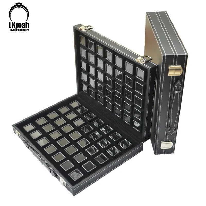 

Grids Jewelry Gem Travel Display Leather Carrying Bag Show Case Loose Diamond Gemstone Bead Collection Storage Box Glass Top Lid