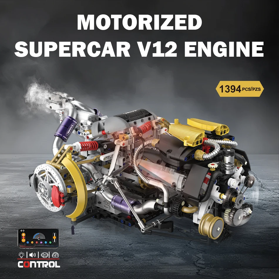 MOC Motorized Supercar PAG V12 Engine Building Blocks Technical Car Part Electrically Engine Lighting Spray Bricks Toys Kid Gift