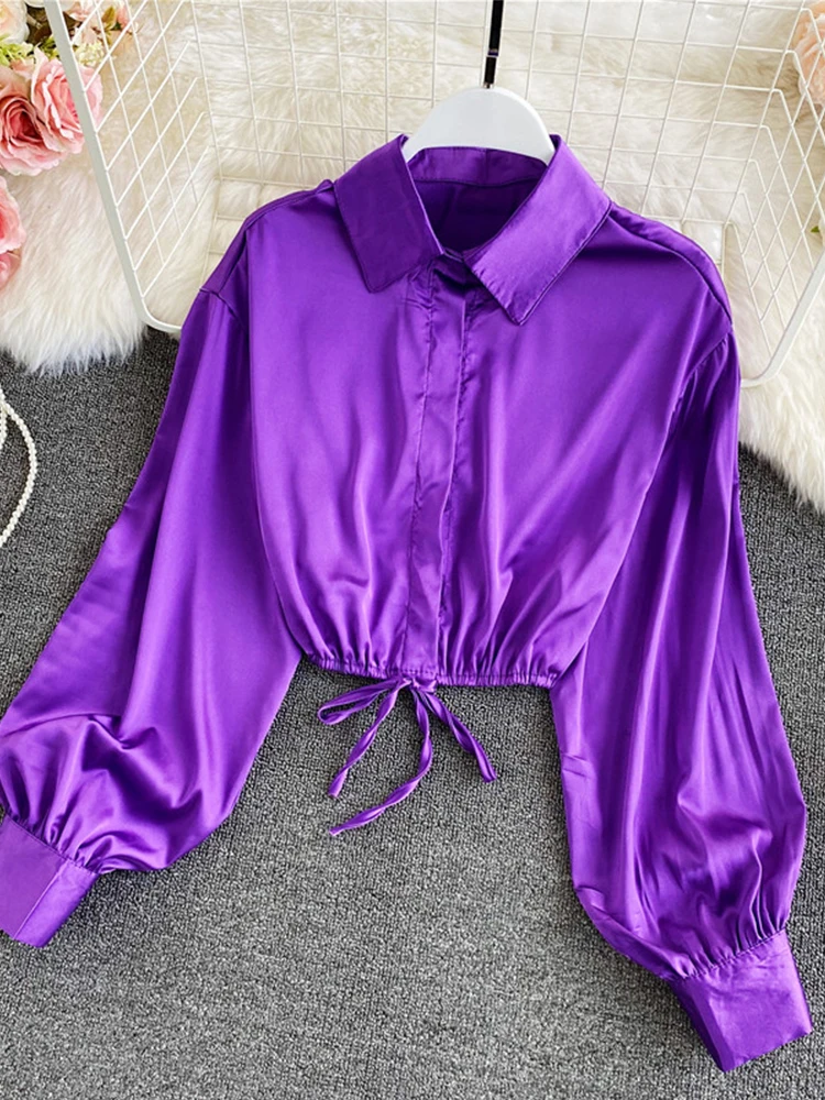 2022 Spring New Satin Women Shirts Solid Turn Down Collar Long Sleeve Women Blouse Fashion Drawstring Folds Slim Cropped Tops